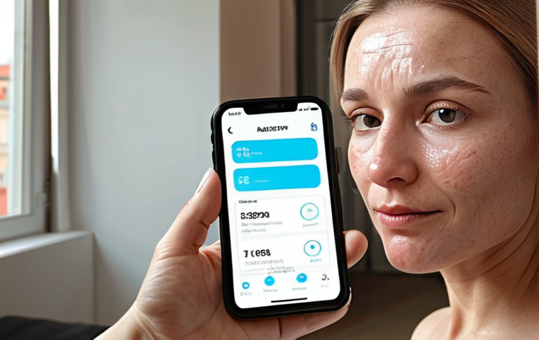 **

A woman looking at her smartphone with a skincare analysis app open. The app displays information about her skin's hydration levels, wrinkles, and acne. In the background, subtle elements suggest a modern apartment in Moscow. Focus on realistic skin texture and a slightly skeptical but hopeful expression on the woman's face. Include a soft, diffused lighting.

**